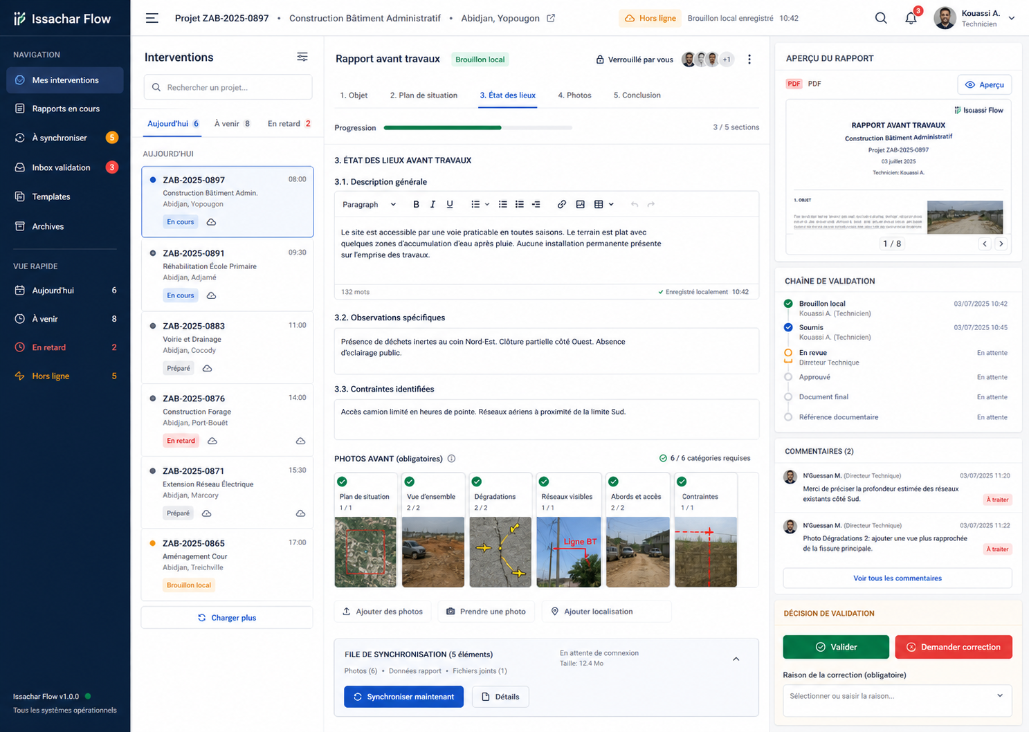 Aperçu de l’interface de rédaction et de validation Issachar Flow